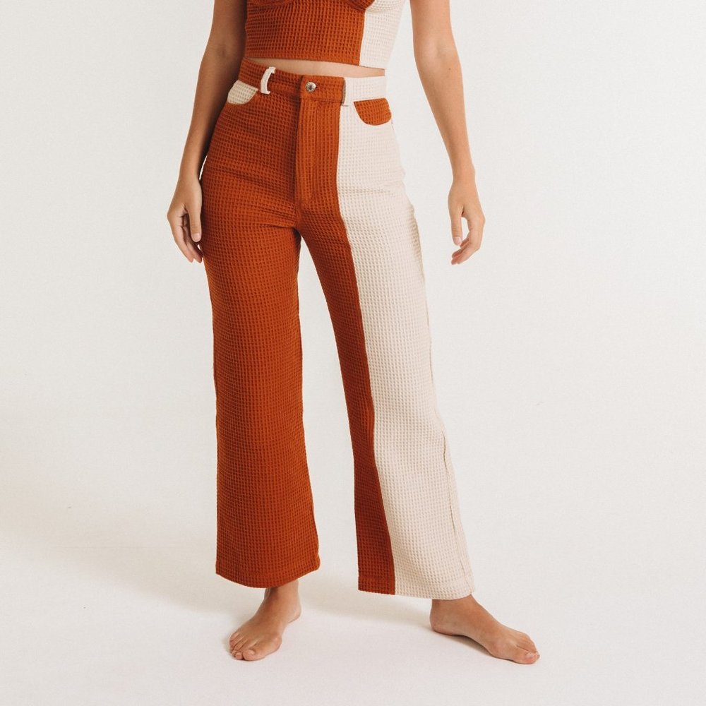NWT Aniela Parys APOLLO WAFFLE TROUSERS / TWO TONE Burnt Orange/White